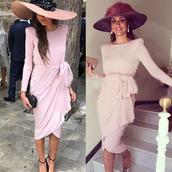 Elegante rosa Kleider für die Brautmutter 2021, Juwel, lange Ärmel, Chiffon-Abendkleider, maßgeschneidertes, knielanges Hochzeitsgastkleid