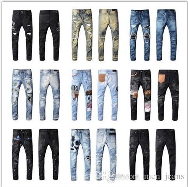 

new personality fashion embroidered pants slightly stretchy jeans trendy slim hole pants designer fashion brand trousers, Blue