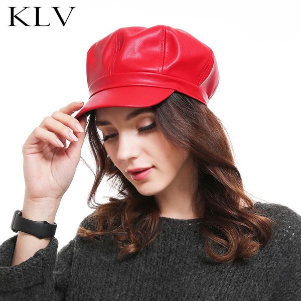 Frauen Männer Faux Leder Newsboy Hüte Glitter Einfarbig Vintage London Stil Cabbie Künstler Maler Achteckige Ivy Visor Baskenmütze kappe