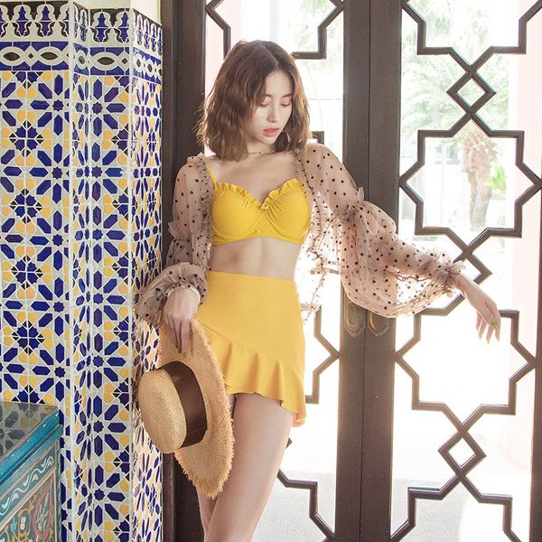

woman swimsuit 2019 bikini push up separate for women rashguards new split skirt four piece long sleeve print polyester