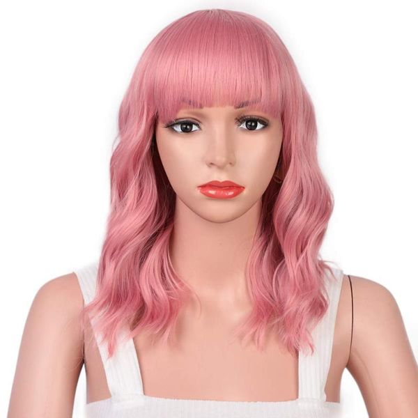 

pink wigs with air bangs synthetic hair wig short curly wavy wigs for women daily party cosplay wig heat resistant fiber, Black