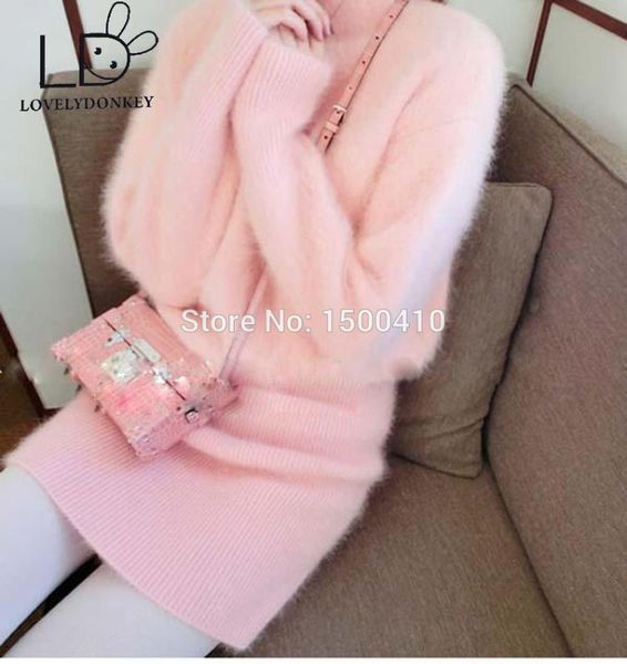 

lovelydonkeygenuine mink cashmere sweater women cashmere pullovers knitted dress customized color 696, White;black