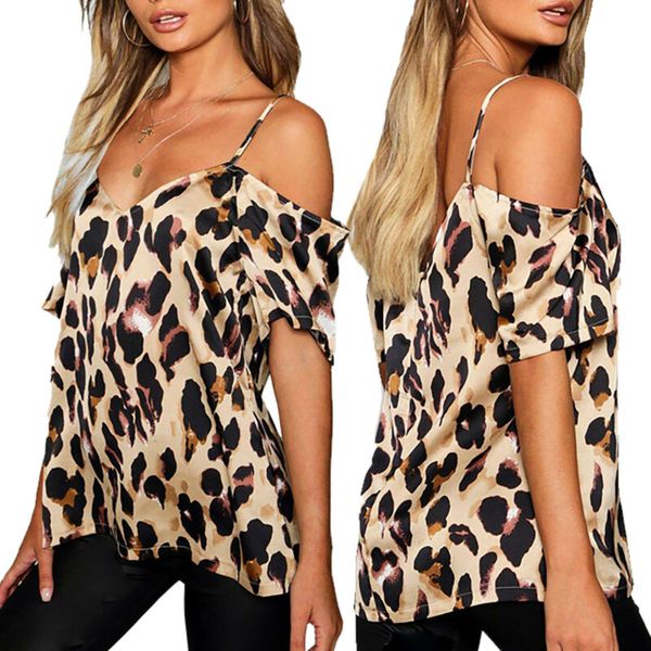 

Womens Ladies Summer Leopard Print V -Neck Cold Shoulder Blouses T-shirt Tops
