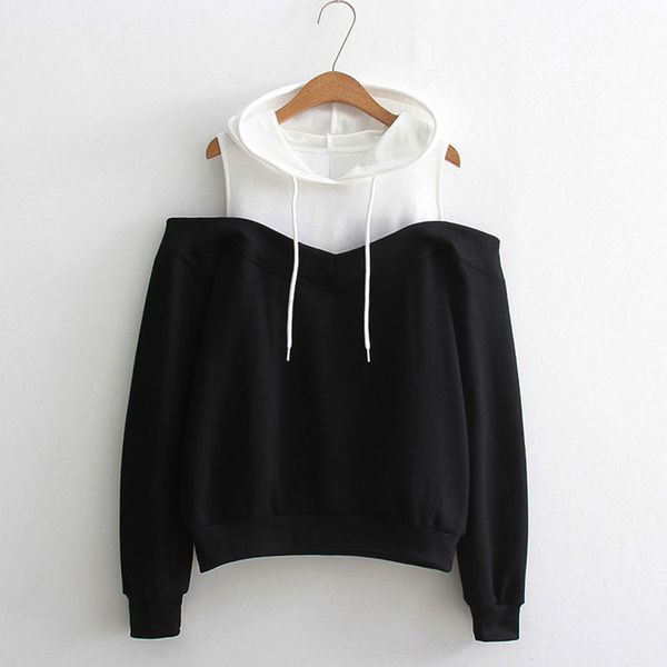 

womens hoodie women clothing womens patchwork sweatshirts hoodie cold shoulder long sleeve sweatshirt hooded jumper sudadera mujer, Black