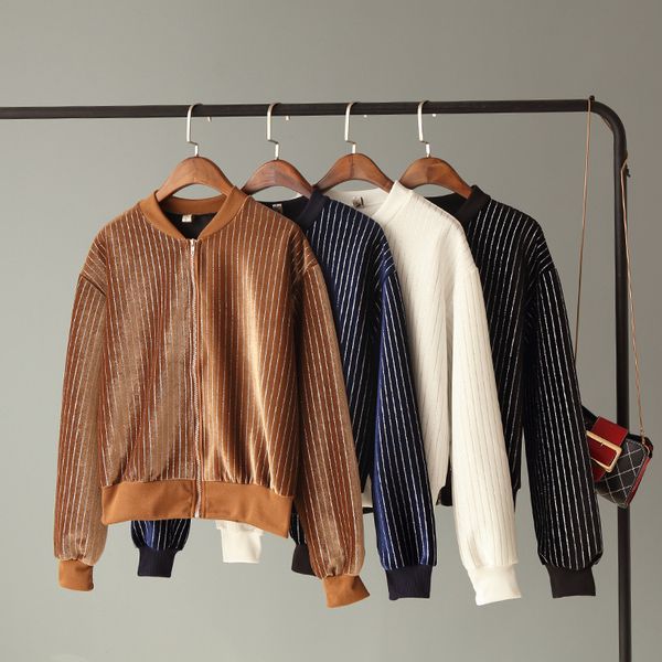 

autumn women velvet bright yarn coat striped bomber jacket long sleeve zipper streetwear tunic loose casual basic lady outwear, Black;brown