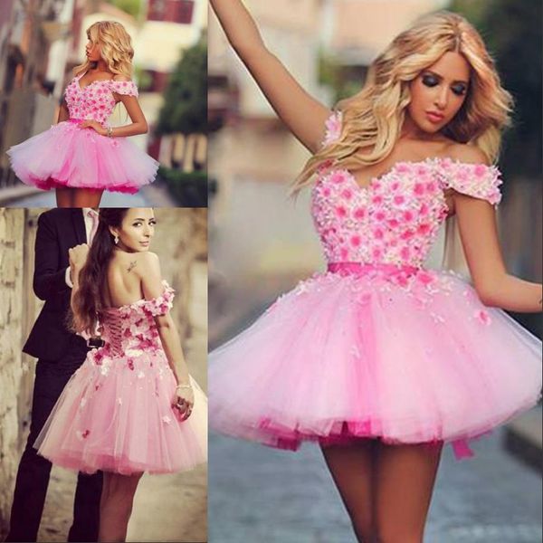 

pink lace short homecoming dresses with 3d flowers mini women plus size 8th grade prom cocktail semi formal graduation dress, Blue;pink
