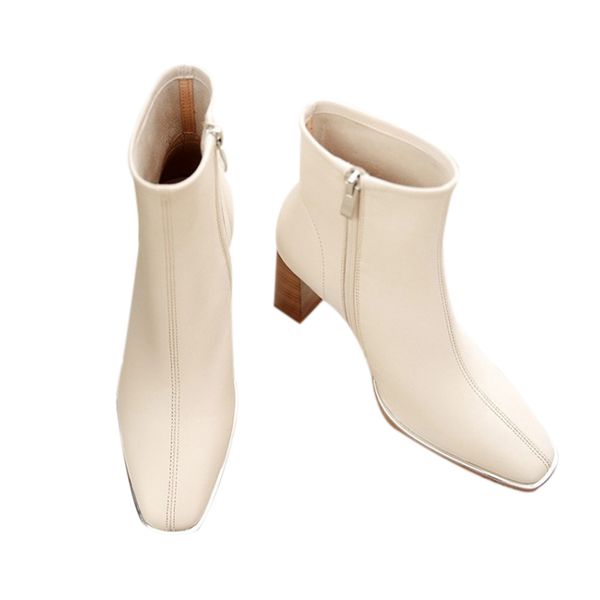 

women boots square heel zip high heels boots chunky high heel wind shoes ankle beige-white, Black