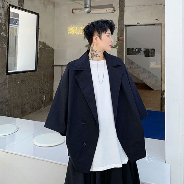 

men oversize bat short sleeve jacket male streetwear hip hop gothic loose casual shirt style coat japan style outerwear, Tan;black