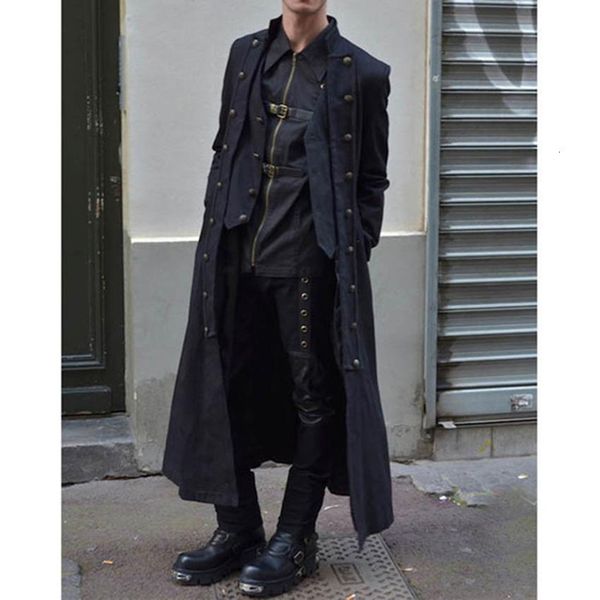 

medieval apparel pure-color long-sleeved three-row button men's jacket retro cross-strap received mens trench coat jacket, Black;brown