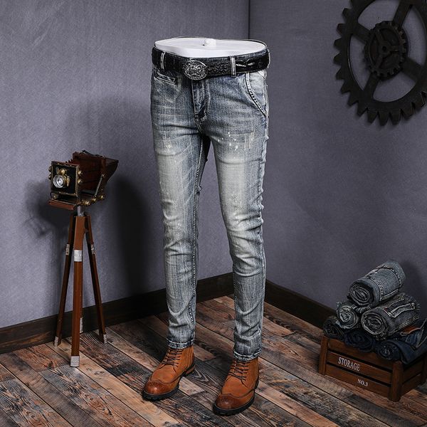 

eves distressed dots men jeans size 28-38 zipper mens denim pants extra front pocket retro gray pencil jean homme, Blue