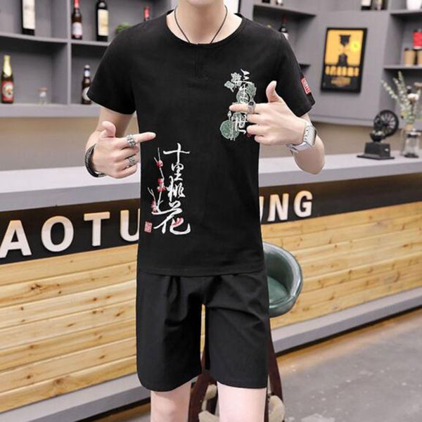 

chinese style men fashion floral embroidery casual sets,cotton short sleeve t-shirts elastic waist knee length pants loose, Gray