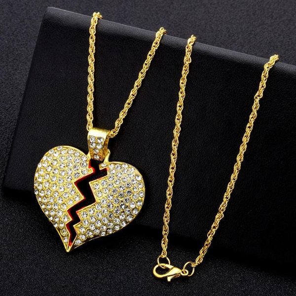 

korean fashion rhinestone broken heart pendant necklace for women men jewelry vintage punk hip hop crystal necklaces, Silver