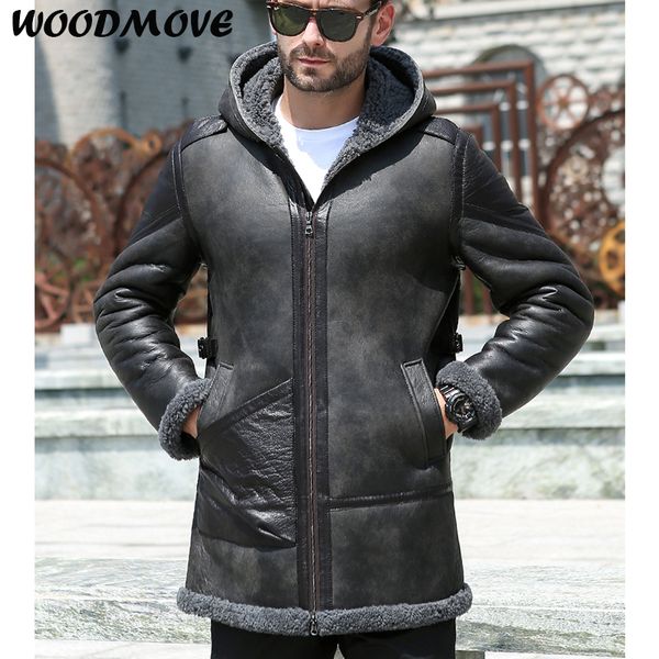 

men's fur sheep genuine leather jacket men fur winter coat warm leather outwear long hooded men sheepskin jacket, Black