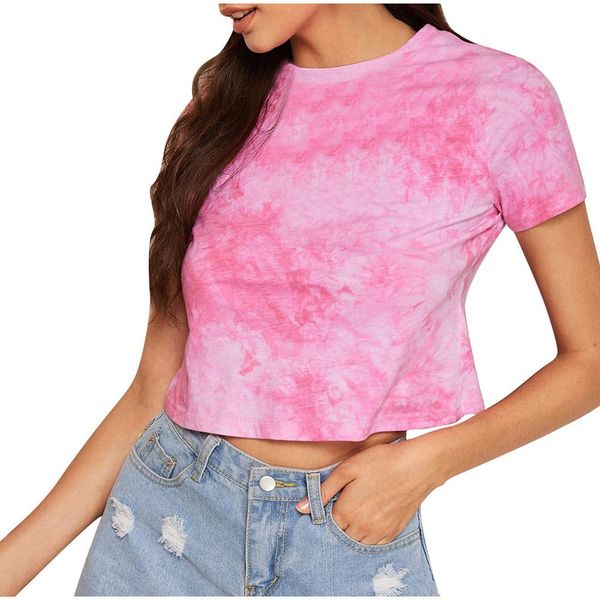 

new women summer o-neck short sleeve tie-dye print short cropped female fashion 2019 t shirt vetement femme pink tees, White