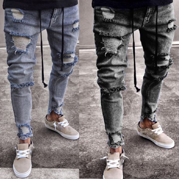 

men denim gray jeans slim ripped hole jeans fashion hip hop skinny pencil for men high street patchwork stretch, Blue