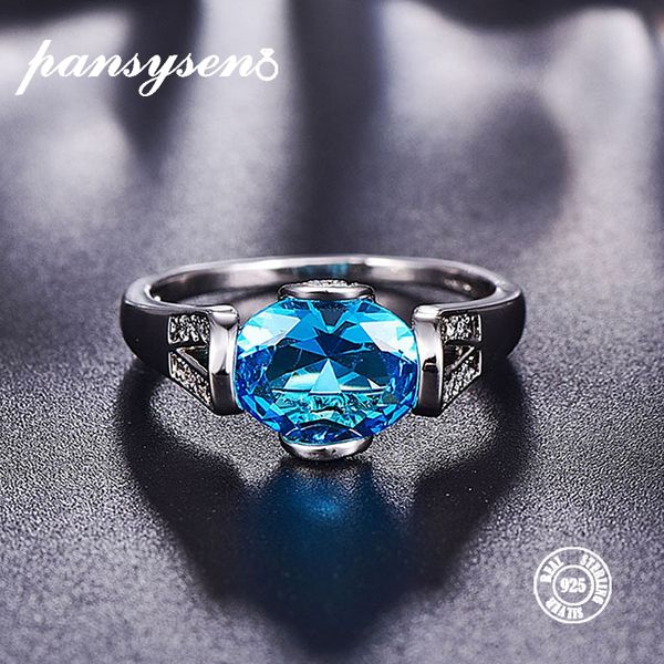 

pansysen real s925 sterling silver rings for women blue z ring gemstone aquamarine cushion romantic gift engagement jewelry, Golden;silver