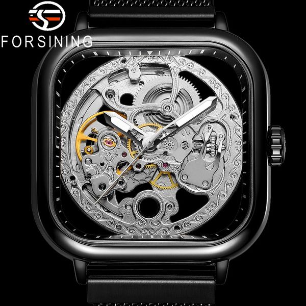 

forsining new men wristwatch automatic mechanical sport male clock black steel skeleton man watch 8181, Slivery;brown
