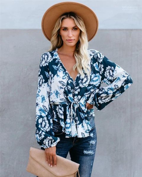 

сбор талии женские топы модные женские топы блузки дизайнер синий flarol печатных повседневные рубашки v образным вырезом, White