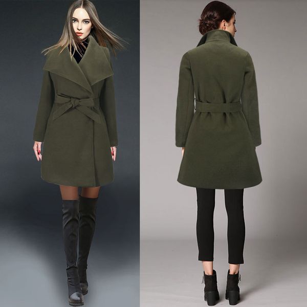 

office lady slim women long winter wool blend coat belt turn-down collar wool coat and jacket solid sashes outerwear, Black