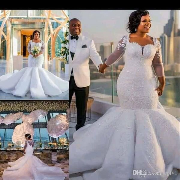 

white mermaid long sleeve plus size satin nigeria country african wedding dresses with beads vintage wedding bridal gowns milla nova h017