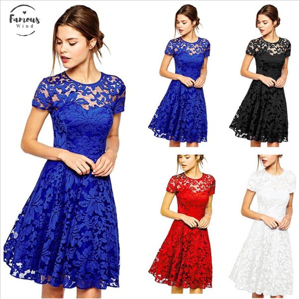 

plus size dress women elegant sweet hallow out lace dress party princess slim summer dresses vestidos red blue ns8985, Black;gray
