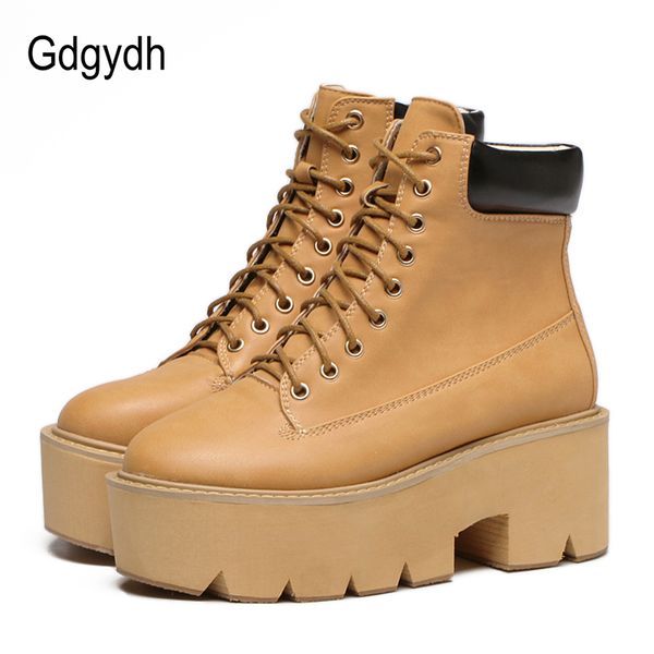 

gdgydh 2018 autumn ankle boots women lace up leather booties shoes high heels rubber sole black ladies shoes platform thick heel