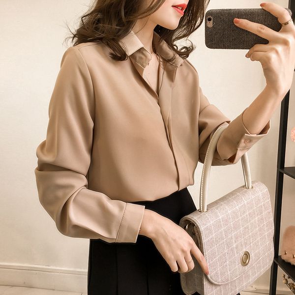 

korean-style new style women's dress 2019 autumn simple shirt women's long-sleeve chiffon versatile solid color korean-styl, Black;white