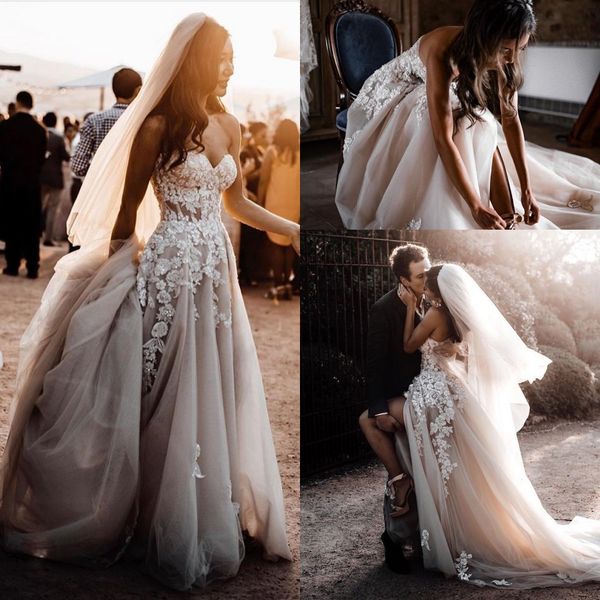 Beach Boho Lace Wedding Dress Crystal Belt Western Country Wedding Dress