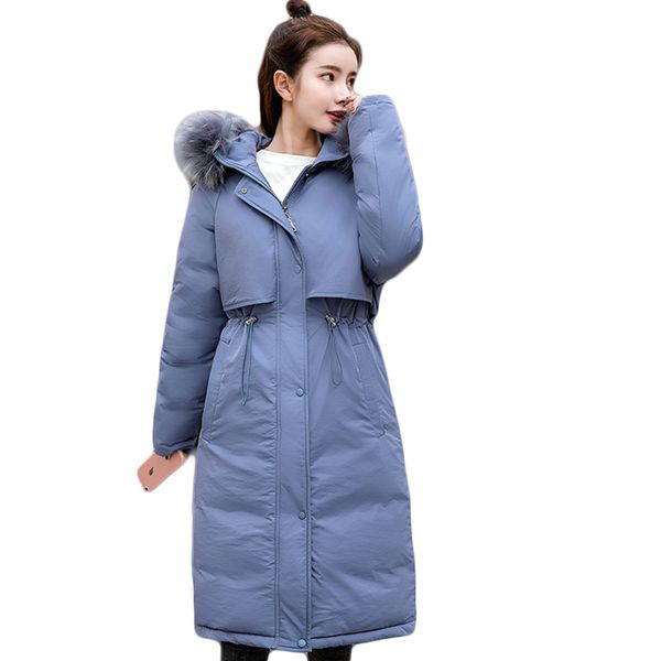 

2019 women big fur collar long down cotton parkas winter hooded pocket jackets coat female thick warm snow outwear 3 colors d713, Black