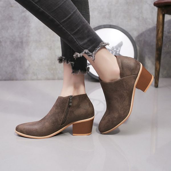 

pointed toe fashion pu women ankle boots med platform solid vintage boots square heel zip casual big size shoes, Black