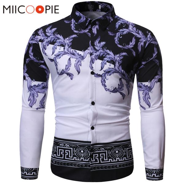 

luxury baroque long sleeve mens shirts 2019 autumn floral printed slim fit harajuku hipster chemise homme men party dress shirt, White;black