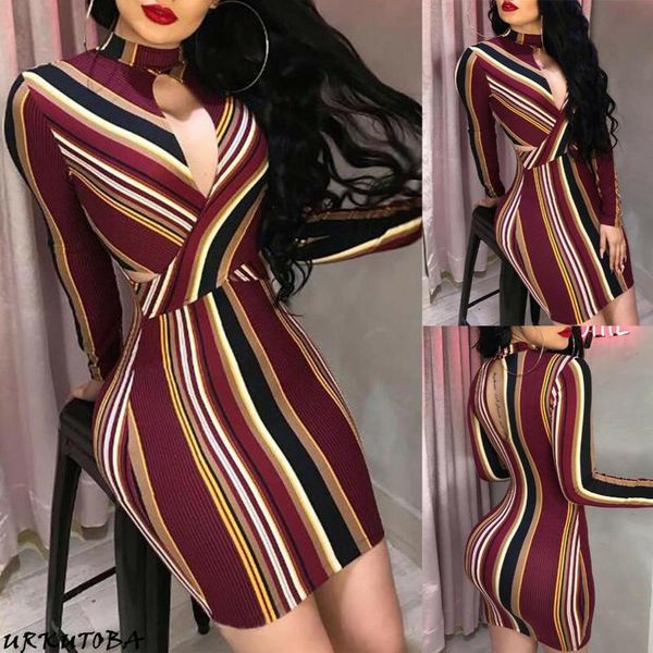 

2019 women slim fit breast open halter long sleeve bodycon dress stripe pencil cocktail party dress clubwear, Black;gray