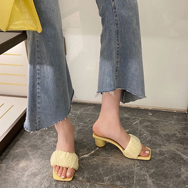 

women sandals slippers open toe lace fashion slides round high heels sandals slippers slip on fashion shoes casual dress pumps, Black