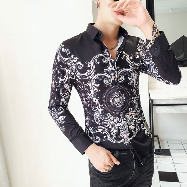 

барокко рубашки мужчины paisley печати slim fit shirt men 2018 осень с длинным рукавом сорочка homme манш longue цветов корейский, White;black