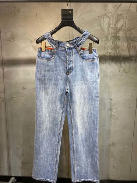 

2019 women's fashion loose double waist denim straight pants 0109, Blue