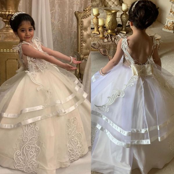 

2020 ivory flower girl dresses for wedding lace appliqued feather jewel little girls pageant dress ball gowns birthday wear kids formal wear, White;blue