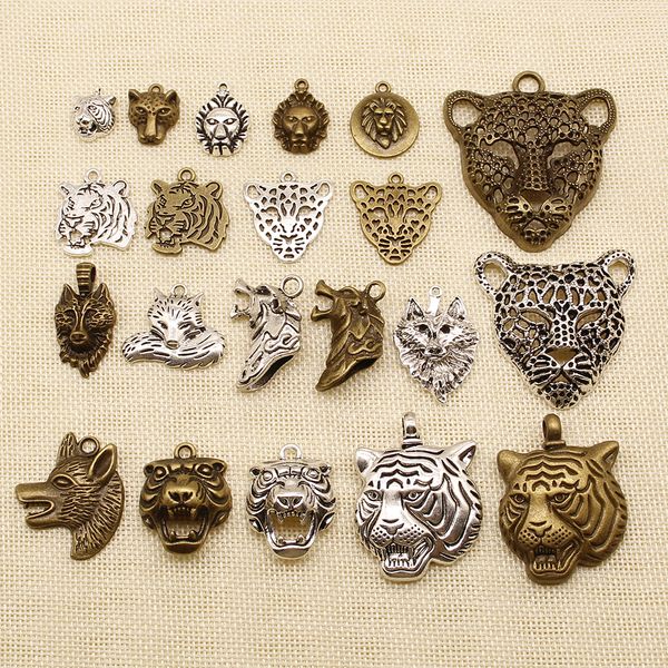 

30 pieces hand made jewelry accessories parts animal wolf tiger fox lion head hj029, Bronze;silver