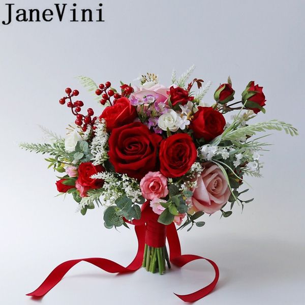 Janevini Flores Boda Artificial Wedding Bouquet Red Brides Flower Pink Roses Silk Bridal Bouquet Fleur Mariage Accessories 2019 Origami Flower Bouquet