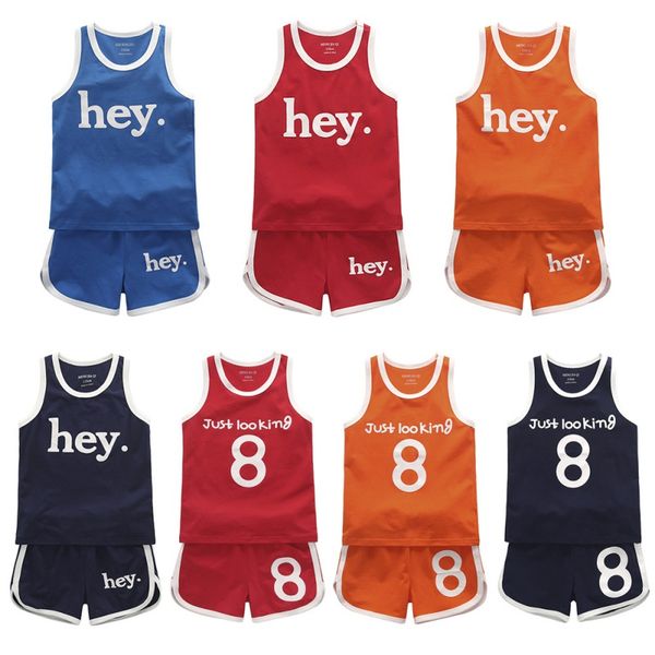 

summer boy vest t-shirt boy girl clothes suit jersey sports suit letter vest t-shirt + sports shorts beach kids clothes set, White