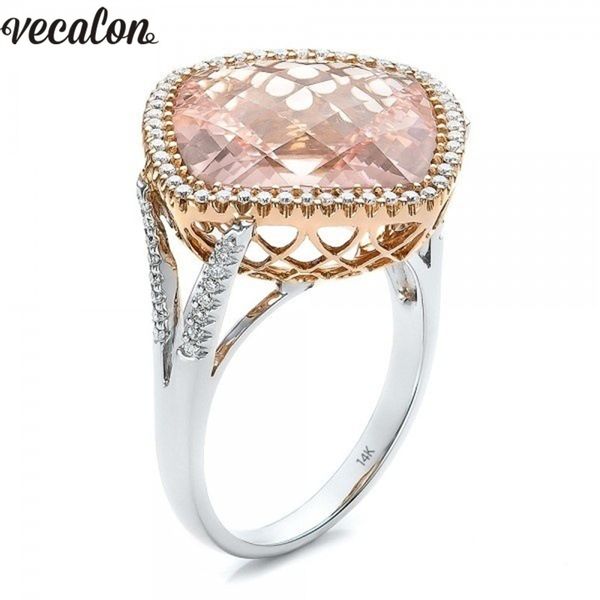 

vecalon hollow promise ring 925 silver cushion cut cz crystal anniversary wedding band rings for women men party jewelry, Slivery;golden