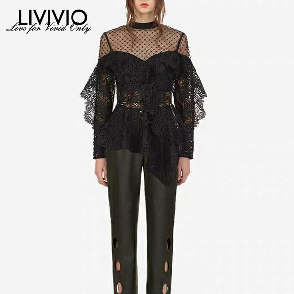 

livivo] new black patchwork frilled round neck sheer floral long sleeve fashion tumblr harajuku korean style lace, White