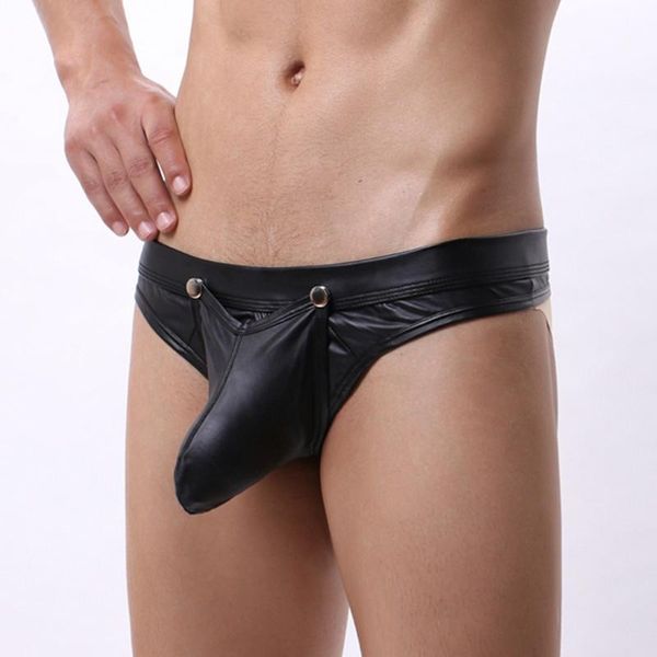 

plus size underwear men briefs open crotch faux leather lingerie u convex pouch black patent gay underwear ropa interior, Black;white