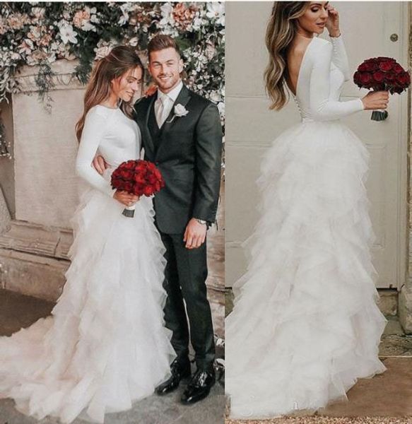 

Romantic Ruffles Organza Wedding Dresses A Line 2019 Jewel Neck Long Sleeves Wedding Gowns Buttons Sexy Backless Bridal Dresses Custom Made