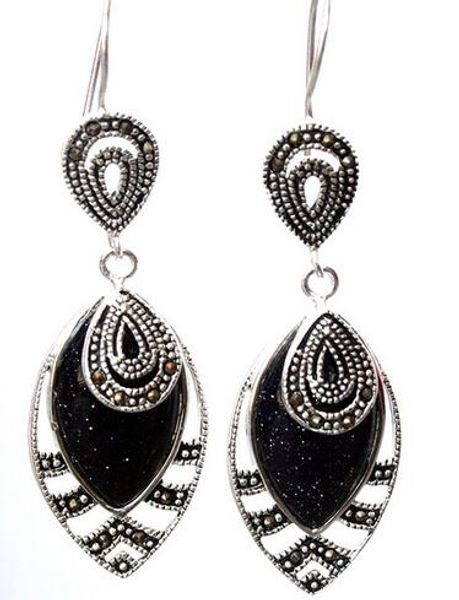 

21/5 "vintage nuevo 925 plata azul arena jade joyas pendientes de gancho, Silver