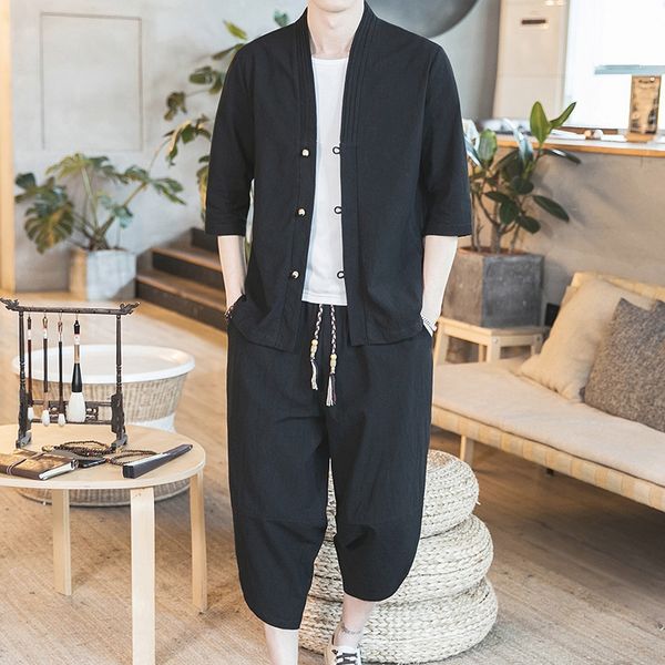 

2020 summer chinese style linen suit theme costume ethnic clothing men's two-piece national leisure home tourism solid color thin kimon, Red