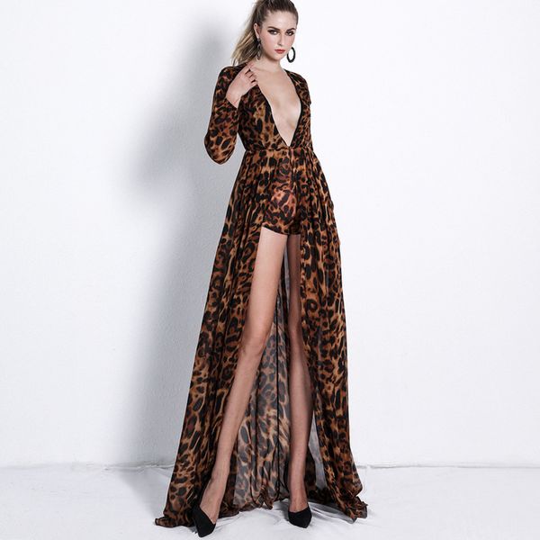 

deat 2020 v neck long playsuits elegnat fashion leopard celebrity evening party slim jumper mg606, Black;white