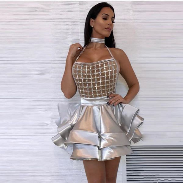 2019 Halter Sliver vestidos de cocktail curtos beading lantejoulas ruffles night club clube de baile de baile mini noite vestido vestidos de soíree