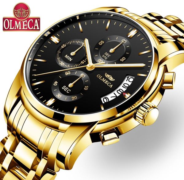 

olmeca relogio masculino men watch luxury sports watches 3atm waterproof clock chronograph wristwatch stainless steel band saat ly191216, Slivery;brown