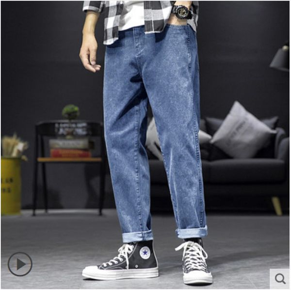 

синего хан издание leisure trend сыпучего jeans men's популярный логотип широкого legged straight joker, Blue