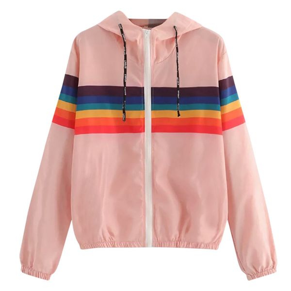 

women's hooded jackets 2019 female outerwear womens long sleeve rainbow stripe patchwork sweatshirt oversize overcoat blouse, Black;brown